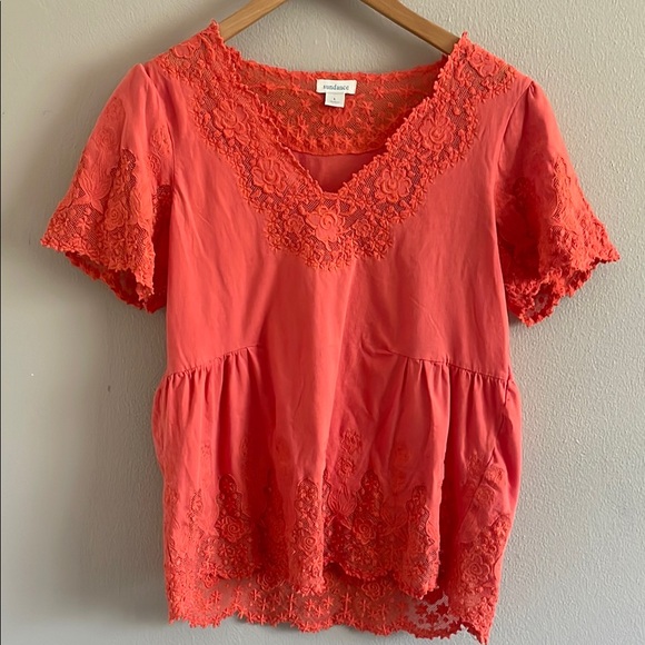 Sundance  Coral Lace Trim Short Sleeve Top Size L - Picture 2 of 12